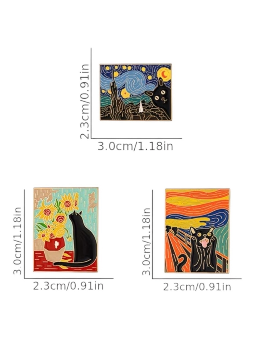 Black Cat Art Enamel Pin Set 3pc Van Gogh Munch Sunflowers NWT Gift Cute - Picture 6 of 11